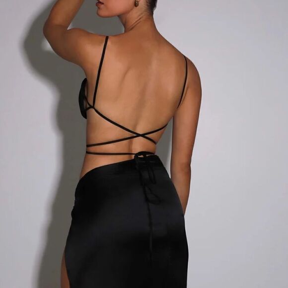 Babyboo Sienna Black Plisse Satin Strappy Bralette Top - Picture 2 of 9